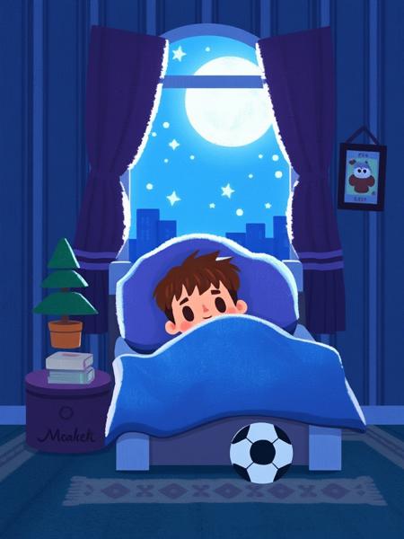 AMELICART. masterpiece, best quality,high detailed. This image is a detailed, colorful digital drawing. It depicts a young boy with brown hair and freckles lying in bed under a purple starry blanket in a dimly lit room. The scene is illuminated by a window showing a bright moon and stars against a blue sky. The room features a small tree, a framed picture, and a soccer ball. The overall atmosphere is serene and cozy with a hint of evening calm. Book cover style illustration, simple shading, low contrast, artist signature on the bottom