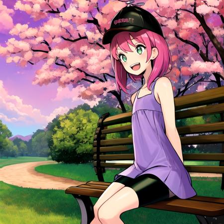 masterpiece, best quality, highres, 1girl, solo, dress, bike shorts, cowboy shot, open mouth, smile, sleeveless, purple dress, baseball cap, shorts under dress, standing, outdoors, sleeveless dress, black headwear, tongue, teeth, :d, bangs, bare arms,  <lora:KeksandraClover:1>, sitting on bench, cherry blossom, pink sky, pink clouds,  <lora:gyokai:0.8>, from side, arm support, table,