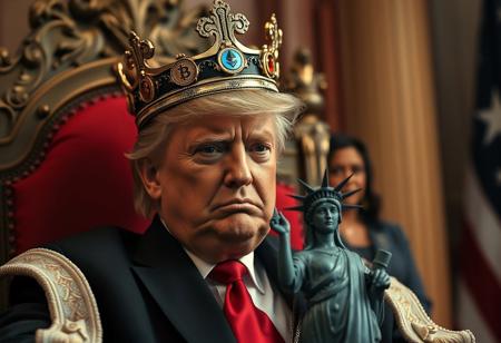 Donald Trump as the King of the USA: Donald Trump sits on a throne, proudly wearing a crown adorned with cryptocurrency symbols (Bitcoin, Ethereum, Dogecoin) instead of traditional jewels. His expression is fierce and triumphant, a smirk playing on his lips, embodying the power of a self-declared “King of the USA.”
Kamala Harris in the Background: Positioned more prominently in the background, Kamala Harris stands in clear view, tears visible as she gazes downward, conveying a sense of sorrow or defeat. She’s supported by a small Statue of Liberty figure that tugs on her gently, as if to encourage her forward or console her in her despair.
Visual Details: Shot with Panavision Cine Prime lenses, with high-quality color correction that enhances both realism and contrast in a docufiction style. The scene is vivid yet atmospheric, with rich colors and textures that highlight Trump’s imposing presence while emphasizing Harris’s emotional expression and the subtle symbolism in the Statue of Liberty’s supportive gesture.