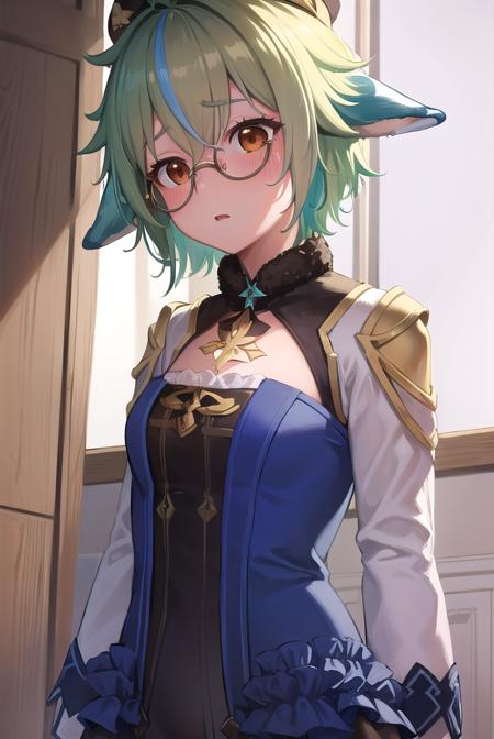 sucrose, <lora:sucrose-lora-nochekaiser:1>,
sucrose, ahoge, animal ears, (brown eyes:1.5), glasses, gradient hair, hair between eyes, messy hair, multicolored hair, semi-rimless eyewear, short hair, green hair, <lora:yudedako_v100:1>, embarrassed,
BREAK frills, fur collar, gem, gloves, green thighhighs, long sleeves, thighhighs, white headwear, zettai ryouiki, skirt, blue skirt,
BREAK indoors, laboratory,
BREAK looking at viewer, (cowboy shot:1.5),
BREAK <lyco:GoodHands-beta2:1>, (masterpiece:1.2), best quality, high resolution, unity 8k wallpaper, (illustration:0.8), (beautiful detailed eyes:1.6), extremely detailed face, perfect lighting, extremely detailed CG, (perfect hands, perfect anatomy),