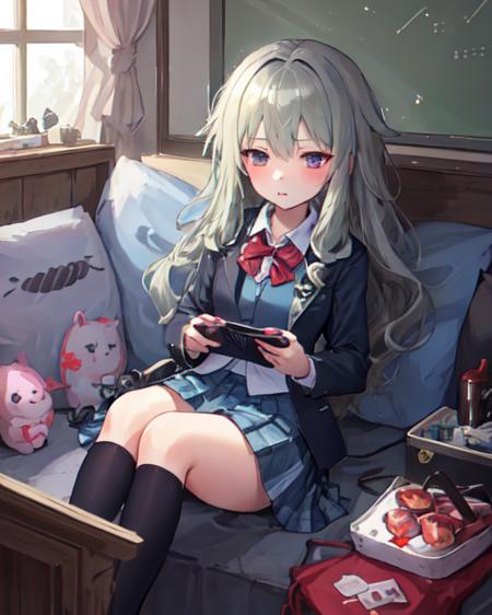 masterpiece, best quality, 1girl, prsknene, project sekai, neneschooluniform, playing_games, smartphone, sunbeam, bloom <lora:nene4-000004:0.6>