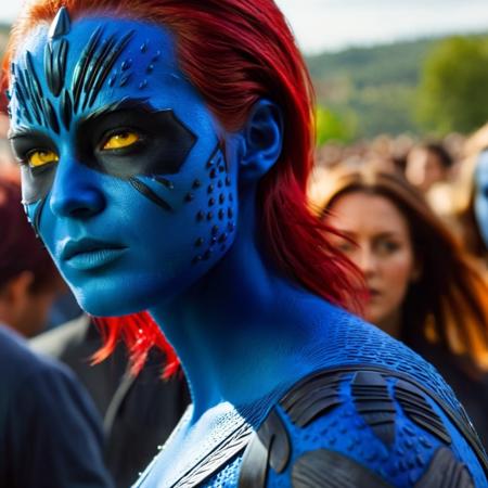 cinematic film still of  <lora:Mystique X-Men:1>
Mystique X-Men a red hair woman with yelloweyes and bluebody walking in crowds in day light, shallow depth of field, vignette, highly detailed, high budget, bokeh, cinemascope, moody, epic, gorgeous, film grain, grainy