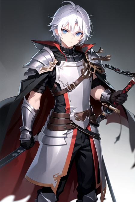 <lora:LassIsolet-03:0.7> ,lassgc, solo, looking at viewer, blue eyes, gloves, 1boy, holding, hair between eyes, closed mouth, weapon, white hair, male focus, black gloves, sword, cape, holding weapon, armor, glowing, chain, holding sword, shoulder armor, sheath, pauldrons