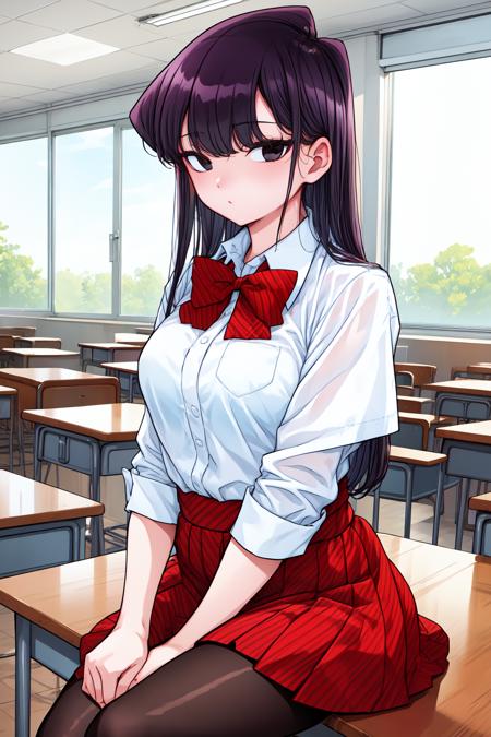 1girl, cowboy shot, classroom, looking at viewer,  sitting, 
komi_shouko, black eyes, black hair, long hair, bangs, bowtie, school uniform, white shirt, striped, red skirt, black pantyhose, <lora:komi_shouko_lora_ver1:0.7>, best quality, masterpiece, highres, <lora:GoodHands-vanilla:1>