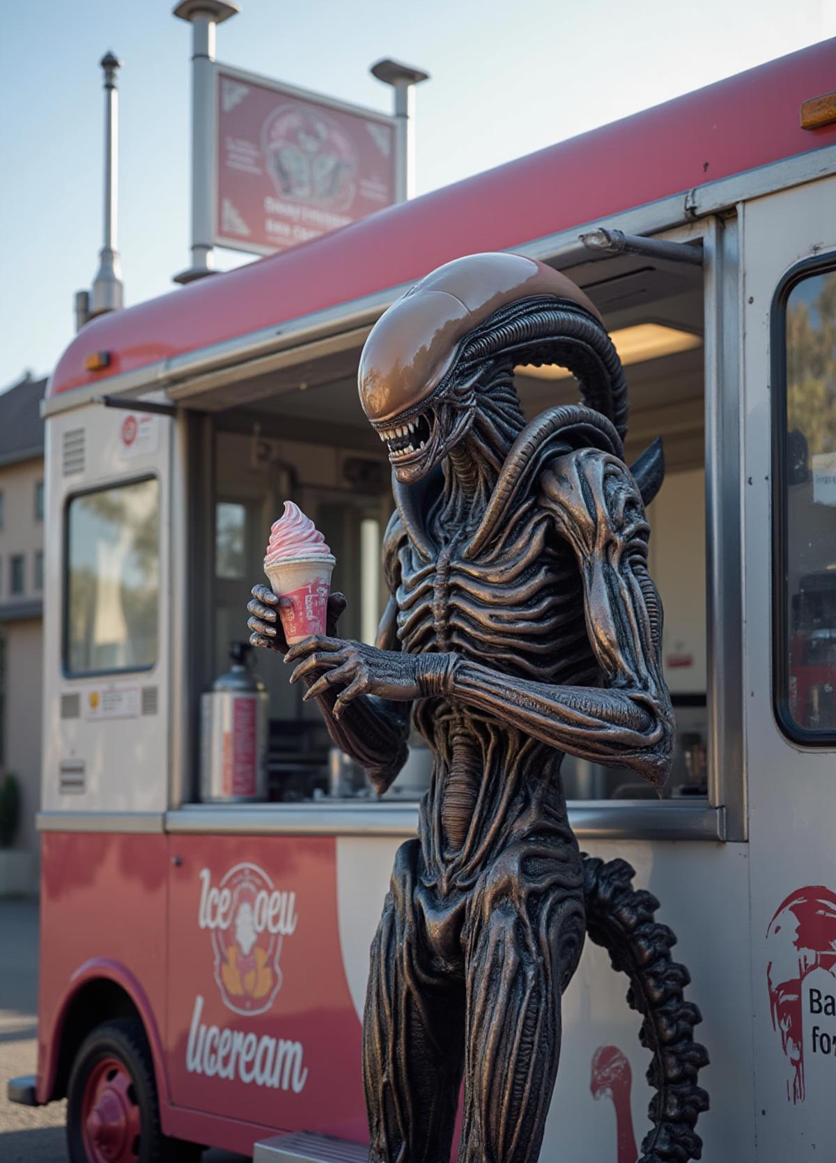 alien xenomorph is selling icecream in an icecream truck. he is the beloved attraction in the neighborhood <lora:Xenomorph:0.8>