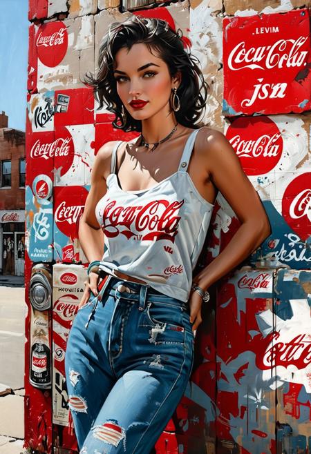 painting of a woman on a tattered building wall, graffiti, pop art painting by Pamela Asherson, street art, vintage Levi's ad, Coca-Cola logo, j. Scott Campbell, 1950s, 
American tourism