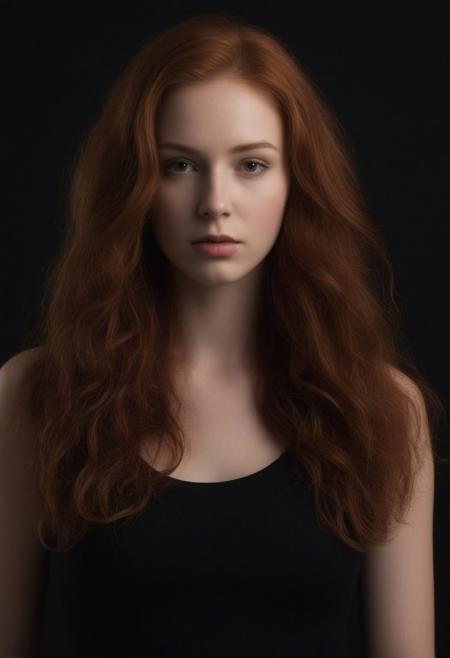 The image is a portrait of a young woman with long, wavy red hair. She is wearing a black tank top and is standing in front of a black background. The woman is looking directly at the camera with a serious expression on her face. Her hair is styled in loose waves and falls over her shoulders. The lighting is soft and dramatic, creating a dramatic effect. The overall mood of the image is sensual and alluring.