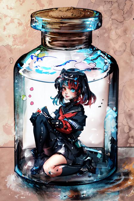 Highly detailed, High Quality, Masterpiece, beautiful, Switch-chan,  <lora:Switchchan:0.8>, light smile, looking at viewer, closed mouth, gib\(concept\), jar, bottle, (in bottle,in container:1.3), simple background, full body, air bubble, water, submerged, minigirl, <lora:Style_GirlinTheBottle:1>, (detailed face and eyes:1.3)