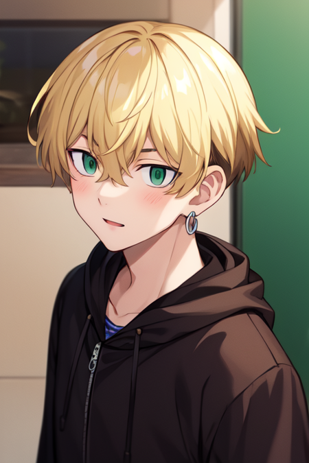 1boy,chifuyu matsuno,male focus,blonde hair, green hair, short hair,jewelry,bangs,hair between eyes,single earring,