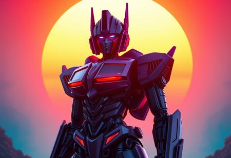 Female Robot, Purple and black Optimus Prime full body cinematic photograph with an orange and blue synthwave sun background. Slightly turned. Dragon theme.