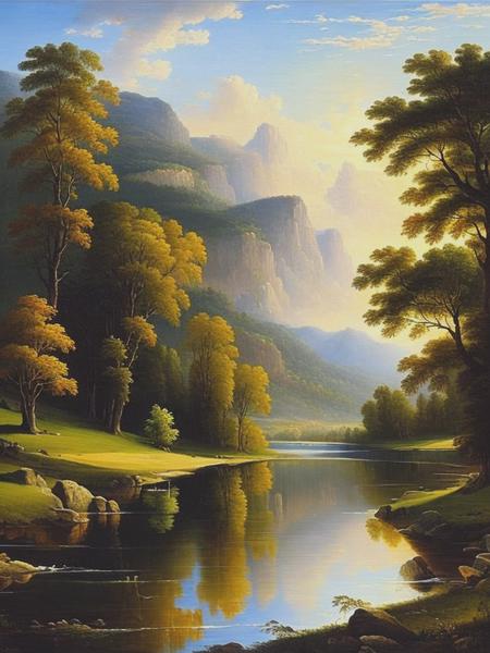 <lyco:WorthingtonWhittredge:1.0> Painting painted by Robert Seldon Duncanson. An idyllic landscape showing a tranquil river winding through a lush forest, reflecting the American pastoral tradition. The soft light, the detailed foliage, and the peaceful mood evoke a sense of harmony with nature