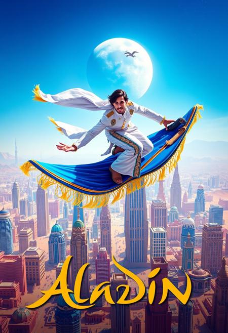 The poster for a new futuristic fantastic movie which is a remake of the 1992 Aladin Disney movie. The visual style is similar to the 5th element brightly colored high tech futuristic movie genre from the 1990s. The poster features a 25 year old Arab Aladin riding his blue flying carpet in the fashion of a long board rider. He wears a futuristic suit fashioned like traditional embroiled middle eastern clothes. The carpet is made of a blue iridescent thread with yellow fringes.
Aladin and the carpet are high in the sky above a vibrant and colorful desert city. It is a city of many skyscrapers  and high towers, a mix between modern metal structures and sandstone with an arabic architectural style.