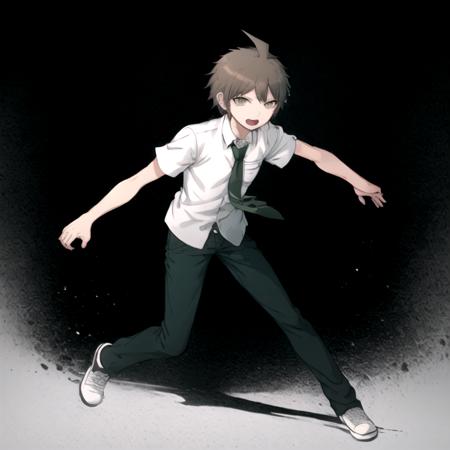 danganronpaHajimeHinata, (solo:1.3), 1boy, anime style,  looking at viewer, full body, (defensive:1.3), short hair, open mouth, bangs, simple background, brown hair, shirt, brown eyes, white shirt, short sleeves, male focus, necktie, teeth, collared shirt, hand up, upper teeth only, spiked hair, black background, pocket, breast pocket, green necktie   <lora:danganronpaHajimeHinata:0.7>