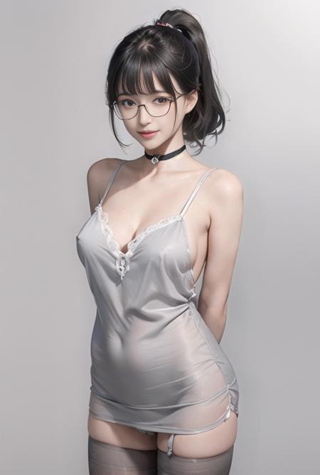 (nsfw:1.3), (photorealistic:1.2), (masterpiece, best quality:1.3), 1girl,solo,glasses, (laced dress, nighty, night gown:1.3), embarrassed, nose blush, light smile, (black hair:1.2), breast out, clothes lift, (panty:1.1), white thighhighs, sidelocks, high ponytail, choker,blunt bangs, glossy skin, shiny skin, standing, (simple background, grey background:1.5) looking at viewer, (arms behind back:1.3) <lora:koreandolllikeness_v15:0.5>