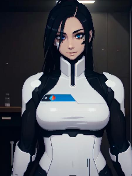 (masterpiece:1.2), high res, extreme detail, 1girl, (Signalis), a girl in white armor in a scifi laboratory, horror, dimly lit, pitch black shadows, dramatic lighting, (cowboy shot, pov, head and waist shot:1.2), looking at viewer, (dynamic pose), (white armor), detailed blue android eyes, (face augments:1.3), (ear augments), (long black hair, ponytail), (solo:1.3), medium breasts, wide hips, (pixilated:1.43), anime, <lora:Signalis:0.8> <lora:flat2:0.4>,