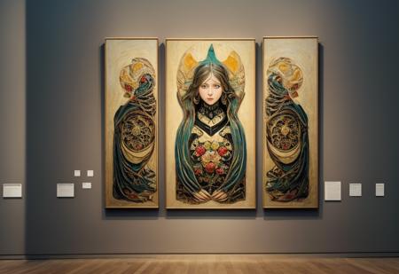 Epic style professional photo of a ((art painting, artistique painting, hanging on a wall in an modern museum:1.2)) in a neutral room, with <lora:5ParDet-ColCin-nM:0.63>, (Art Nouveau), (Immersive Point of view, clear lines, glossy surface, oily gloss, perfect composition, symmetrically arranged depth of field, dynamic perspective, subsurface scattering), bokeh, decorative, symmetrical, by (((Josef Maria Olbrich), Koloman Moser, influenced by the works of Margaret Macdonald Mackintosh) and Louis Majorelle)., visitors of the museum standing aside the pittoresque piece of art, admiring the beautiful artwork, <lora:zoom_slider_v1:-6.73> wide shot, masterpiece, best quality, 8k, insane details, intricate details, hyperdetailed, hyper quality, high detail, ultra detailed, clear shadows and highlights, intense, enhanced contrast.