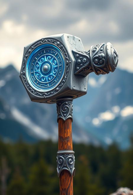 A fabulous Dwarven war hammer, bluish highlights sparking within its silver head, with arcane dwarven symbols etched into its side. It has a long highly polished oak haft with an intricate silver pommel, the rich grain showing through and elaborate scrollwork along its length. mountain panorama background, bokeh background
