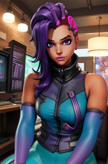 sombra, purple hair,  purple eyes, 
elbow gloves,  pantyhose,   purple bodysuit, 
sitting,   upper body,  looking at viewer, 
night,  indoors, 
(insanely detailed, beautiful detailed face, beautiful detailed eyes, masterpiece, best quality),solo, 
cyberpunk,  <lora:sombraOW2-10:0.8>