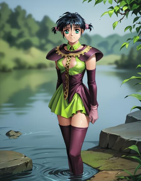 silvanna, green dress, (shoulder armor:0.4),  (purple armor:0.4),  purple thighhighs