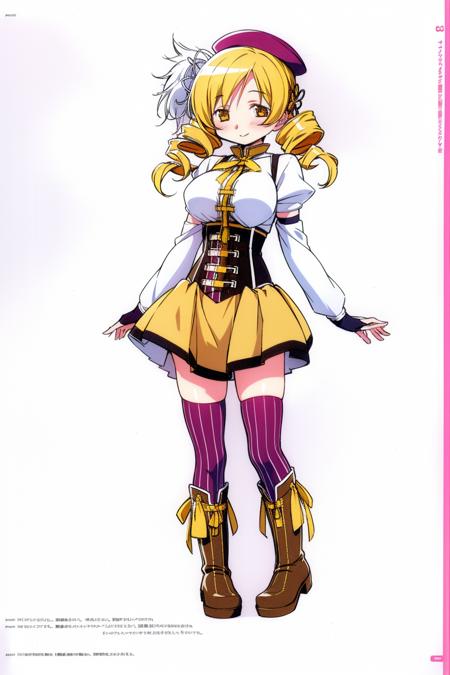 1girl, tomoe mami, solo, blonde hair, drill hair, thighhighs, hat, magical girl, yellow eyes, boots, twin drills, striped thighhighs, full body, beret, skirt, gloves, fingerless gloves, hair ornament, white background, smile, detached sleeves, twintails, striped, corset, simple background, vertical stripes, puffy sleeves, vertical-striped thighhighs, hairpin, ribbon, brown thighhighs, zettai ryouiki, breasts