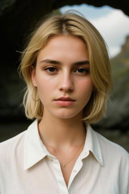 photograph of a woman, (troubled facial expression:1.1), textured skin, goosebumps, (blonde hair:1.2), (unbuttoned white shirt:1.2), distressed boyfriend jeans, long sleeves, (candlelight,chiaroscuro:1.1), cowboy shot, dark and mysterious cave with unique rock formations and hidden wonders, perfect eyes, Porta 160 color, shot on ARRI ALEXA 65, bokeh, sharp focus on subject, shot by Don McCullin