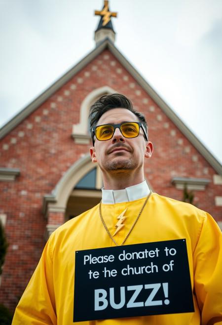 Man wearing yellow tinted glasses and a yellow priest uniform in front of church like building which has a gold lightning bolt symbol on its spire roof, he is wearing golden lightning bolt symbol necklace prominently visible, he is holding sign with text "Please donate to the church of BUZZ!"