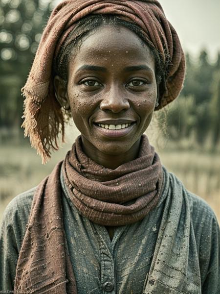 emotional photo of happy smiling african woman Joanna, proffesional photomodel,  in rugged ornamental clothes, (clean hands pose,:1.2)dark suntanned skin, (red scarf:1.1), native ethnic wooden necklace, blue coat,  face, perfect teeth, 8k uhd, high quality,  film grain, looking at viewer, portrait, (skin pores:1.2), (moles:0.8), (imperfect skin:1.1), intricate details, goosebumps, flawless face, ((photorealistic):1.1), (raw, 8k:1.2), hyper realistic, HDR, cinematic, dark, muted colors, atmosphere, ((macro lens)), after dusk, outdoors
<lora:entropy-alpha:0.19>