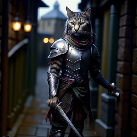 <lora:RPGTabaxi:1.0> tabaxi:1.2, solo, green eyes, holding weapon, sword, scarf, armor, gauntlets, looking at viewer, blurry, blurry background, realistic:1.3, medieval alley