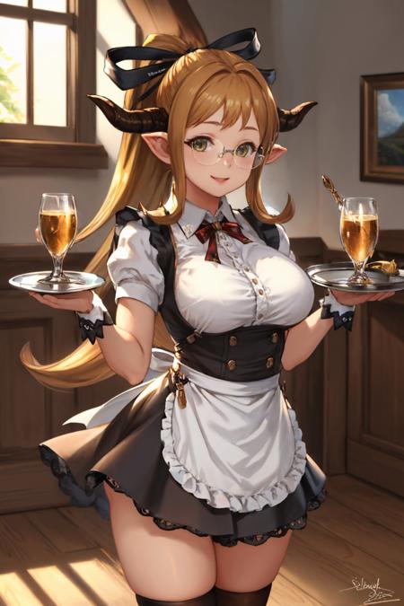 (masterpiece, best quality:1.2), <lyco:gbf_sarya-10:0.8>, cowboy shot, solo, 1girl, gbfsarya, smile, looking at viewer, holding tray, ponytail, hair bow, horns, glasses, maid, black dress, apron, thighhighs, large breasts