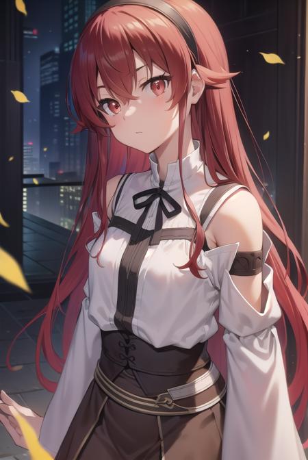 erisgreyrat, <lora:eristest:1>, 
eris greyrat, ahoge, hair between eyes, long hair, (red eyes:1.5), red hair, sidelocks, (small breast:1.2),
BREAK black hairband, black ribbon, brown skirt, hairband, long sleeves, neck ribbon, pantyhose, ribbon, shirt, shoulder cutout, skirt, white pantyhose, white shirt, wide sleeves,
BREAK looking at viewer,
BREAK outdoors, city,
BREAK <lyco:GoodHands-beta2:1>, (masterpiece:1.2), best quality, high resolution, unity 8k wallpaper, (illustration:0.8), (beautiful detailed eyes:1.6), extremely detailed face, perfect lighting, extremely detailed CG, (perfect hands, perfect anatomy),