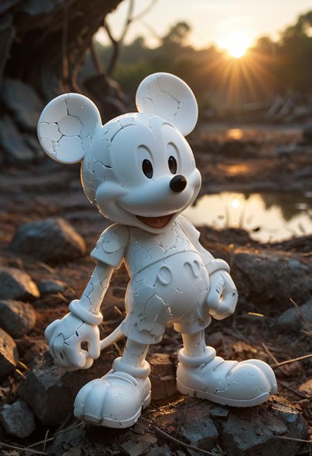 A 85mm  image in a WhiteMold style, looks 3D printed in a wonderful aesthetic white, Mickey Mouse, with high detailed and beautiful eyes set in an epic battlefield at dawn, a dynamic sleeping pose and an depressed expression. The scene is illuminated by heroic backlighting, enhancing the intense atmosphere. Reflections shifting strangely in a cracked mirror. A breathtakingly detailed anime-style masterpiece, rendered with ultra-HD precision and vibrant, hand-crafted depth. Meticulous craftsmanship ensures that every nuance of the motif shines in extraordinary resolution., <lora:add-detail-xl:0.5>,  <lora:xl_more_art-full_v1:0.8>, <lora:3DPrintingXL:1>,