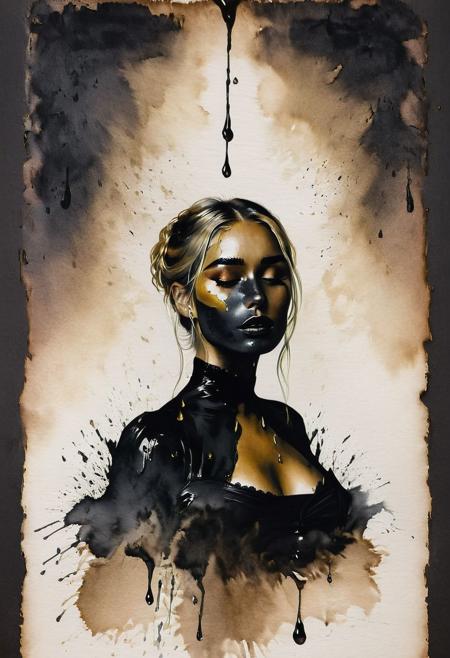 RAW profile photo, close-up, dark atmosphere, crying with tears made of gold, masterpiece, cinematic film still of a blonde beautiful woman, detailed skin, freckles ,eyeliner, dark lipstick, black lace turtleneck dress, tack sharp focus on eyes, Sensual, lustful, seductive,  intricate, ultra detailed, 8k, <lora:MS_DitavT_V1_32:0.6>
