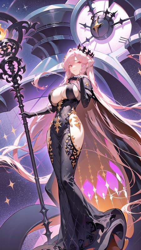 1girl, dress, solo, breasts, long hair, black dress, red eyes, long dress, gloves, holding, black gloves, staff, pink hair, full body, black footwear, high heels, very long hair, holding staff, bangs, cleavage, crown, large breasts, rigging, elbow gloves, center opening,  <lora:ClemenceauV1.0:0.8>, clemenceau, standing