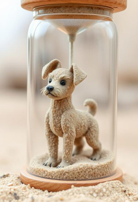 miniature pooch made of sand, in an hourglass