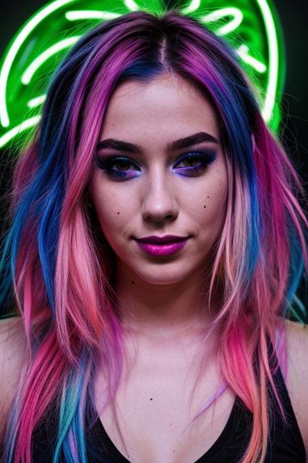 score_9, score_8_up, score_7_up, score_6_up, beautiful 19 year old girl, colored hair, neon lights, rave, rave clothing, daisy dukes, crowd, nighttime, dusk, smiling, ultra realistic, big lips, (masterpiece, best quality, highres:1.2), (photorealistic:1.2),