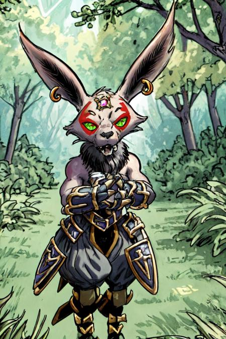 1boy, furry, long pointy ears, armor, no humans, gauntlets, jewelry on forehead, claws, black pants, red facepaint, green eyes, earrings