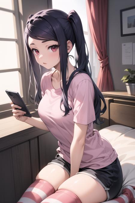 <lora:jill-stingray-000005:1> jill stingray,
pink shirt, t-shirt, striped thighhighs, taut shirt, shorts,
1girl,
bedroom, looking at phone