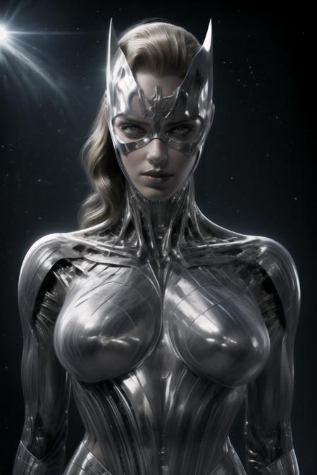 (masterpiece, best quality, official art, beautiful and aesthetic),(extreme wide angle shot),(full body),from below,solo,female catwoman hovering in space,noon,breasts,dark skin,thin waist,battle damaged metallic skeleton,dented,rusty,worn texture,(asymmetrical balance),half mechaiecal body,silver metal,science fiction,blonde hair,long hair,breasts,mechanical parts,cyborg,grey eyes,(half metallic left_face),half metallic mask,realistic,rich details,icy gloss,medium breasts,(moon),planet,(cyberpunk city,city lives on moon surface,futuristic space station),<lora:catwoman2-000006:0.7>,<lora:halfmetal:0.6>,<lora:milkyMoon:0.6>,