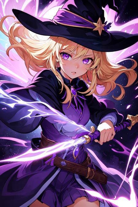 Cowboy Shot,beautiful and detailed illustration,pop art,masterpiece,best quality,ultra-detailed,soft lighting,<lyco:GoodHands-beta2:0.8>,<lora:add_detail:0.3>,1girl, witch, blonde hair, wielding a purple staff blasting purple energy, purple effects,light pink eyes,glossy eyes,cinematic shot,vibrant colors,gorgeous colors,dynamic action pose,