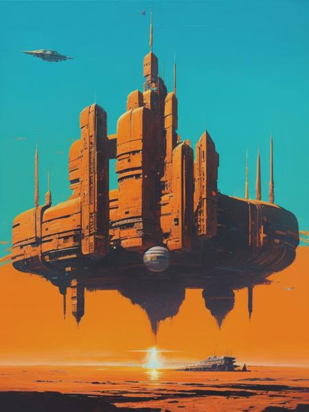 <lyco:JohnHarris:1.0> a painting of a ruined orange dread naught space station on teal canvas, in the style of John Harris, large canvas paintings, symmetrical, soft-edged, long lens, heavily textured