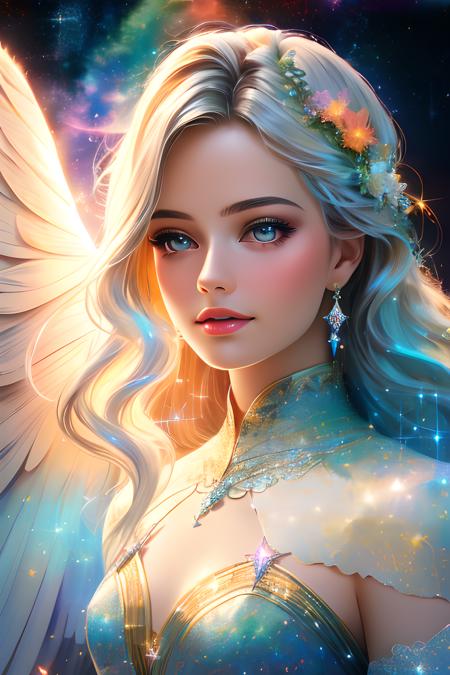 a photorealistic photo of a graceful female angel clothed in glittering, perfect wings, symmetrical wings, colorful fine linen, surrounded by radiant flowers and bright clouds, smoke, misty, shimmering auras, morning lighting, close-up, almost white blonde hair, glowing skin, soft, graceful opalescent glowing wings, calm galaxy pupils eyes, in the distant sky can stars that shine brightly, 8k uhd, dslr, soft lighting, high quality, film grain, Fujifilm XT3 , style-rustmagic
DeepJourney, deepjourney
 <lora:DeepJourney:1>