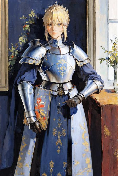 (art by (Carl Larsson:1.2,<lora: Artoria_ Pendragon:1>Artoria_ Pendragon,Portrait Painting,1girl,a suit of armour,