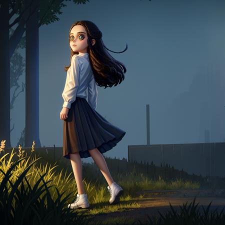 masterpiece, best quality, identity v, button eyes, night, dark sky, 
1girl, solo, long hair, skirt, outdoors, cloud, black hair, blue eyes, shirt, long sleeves, shoes, tree, black skirt, full body, blue sky, blush, blue shirt, sneakers, standing, grass, white footwear, print shirt, looking at viewer, walking, from side