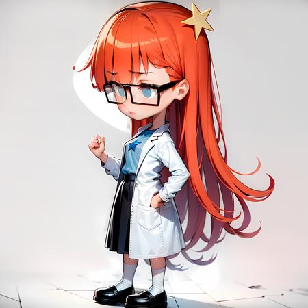 ((masterpiece, best quality)),(complex lighting), solo, 1girl, full body,Susan test, glasses,long hair,red hair, labcoat,blue eyes,simple background, hair ornament,<lora:susanTest14-10:0.8>,mary janes shoes, star \(symbol\), white socks, star on shirt,chibi,