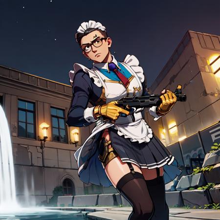 1boy, mature male, (chamber \(valorant\):1), glasses, <lora:Chamber250:1.2>, (maid, legwear, skirt,) (backgroud, city, desert, ruins, waterfall, night), (holding gun, gun, (golden gun))