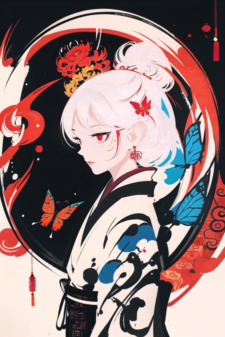 (masterpiece),Â (bestÂ quality),(illustration), looking at viewer,colorful,from side,((chinese colorful ink)),
(1 girl:1.2),detailed  long white hair + red eyes,detailed face, half body, white hair, (mole under eye:0.9), squinting,eyeshadow, hair ornament, small breasts,( kimono), cold face,long floating hair,,hair over one eye,little white double bun\\,
(masterpiece),Â (bestÂ quality),(illustration), 
1girl,upper body,(white hair +red eyes),kawayi face,colorful painting,
(inside red fire AND (blue fire)),(+++flying butterfly:1.2),inner red hair,(circular fan background:1.2),
((ink splashing)),((chinese colorful ink)), ((Chinese color ink painting style)),beautiful blue
// <lora:smirkingeye_v100:1> <lora:noline:1> <lora:åæ¶chongzhen:0.7>