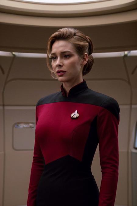 stunning woman in red and (black:1.1) s3stngunf uniform standing on enterprise bridge, beautiful blondish brown hair, hair upsweep updo, ((close upper body shot)) looking at camera, 8k uhd, dslr, soft lighting, high quality, film grain,masterpiece quality,Fujifilm, XT3<lora:TNGS3Standalone:0.8>