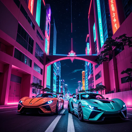 amazing (2D anime-style:1.3) screencap of a futuristic sports car (racing) through a breathtaking high-tech city street at night, vibrant colors, intricate, aesthetic, highly detailed, high quality, best quality, masterpiece, (lr:1.0), <lora:image enhancer extreme_v1:1.0>, <lora:SDXLrender_v2.0:0.5>