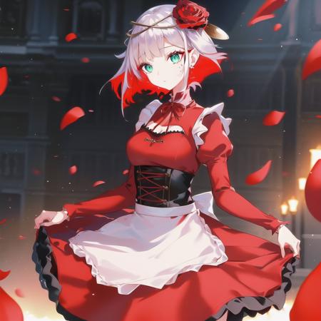 <lora:DestinyV1:0.65>,1girl,cosette schneider, Destiny,((maid dress)),red flower, hair ornament, red rose, hair flower, short hair, green eyes, standing,multicolored hair,