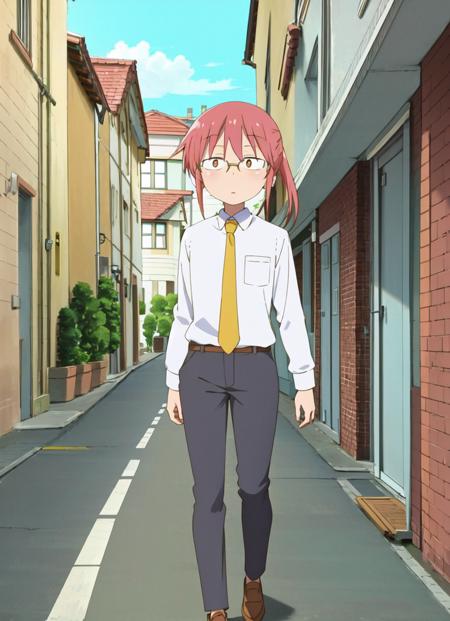 masterpiece, best quality, ultra-detailed, illustration, 1girl, solo, looking at viewer,  <lora:kdm-style-v14h:0.9>, kdm style, outdoors, kobayashi /(maidragon/), pink hair, glasses, semi-rimless eyewear, small pupils, ponytail, bangs, hair between eyes, sidelocks
, collared shirt, dress shirt, long sleeves, white shirt, yellow necktie
, black pants
, brown footwear, shoes